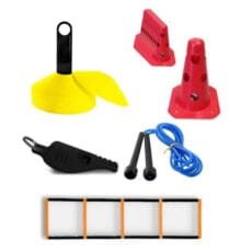 Kit Entrenamiento Funcional Conos tortuga y ranurados 20cm + Escalera 5 peldaños + Soga de saltar + Silbato HE60
