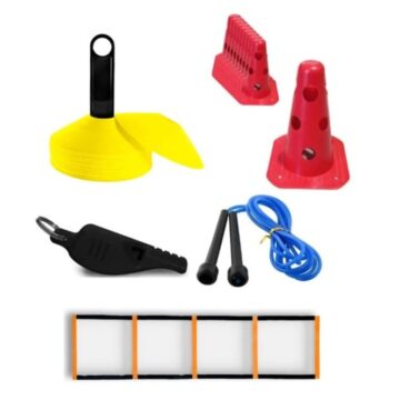 Kit Entrenamiento Funcional Conos tortuga y ranurados 20cm + Escalera 5 peldaños + Soga de saltar + Silbato HE60