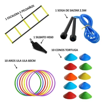 Kit 10 conos tortuga, 10 aros de 60 cm, escalera de 5 peldaños, soga y silbato