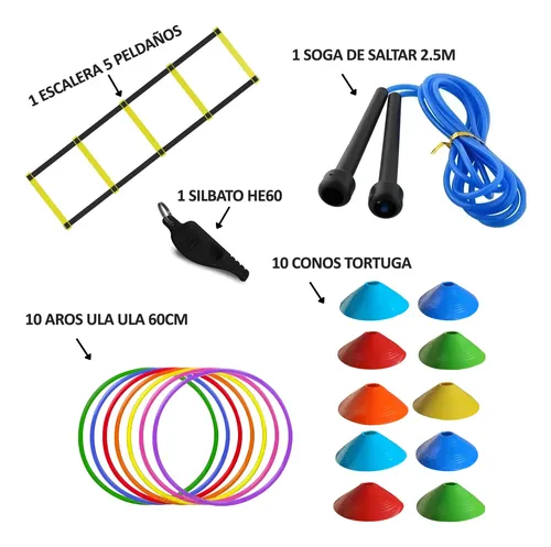 Kit 10 conos tortuga, 10 aros de 60 cm, escalera de 5 peldaños, soga y silbato